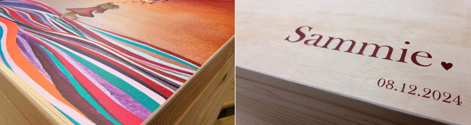 Compilatie van twee voorbeelden van een direct op hout geprinte herinneringskist met UV-print.