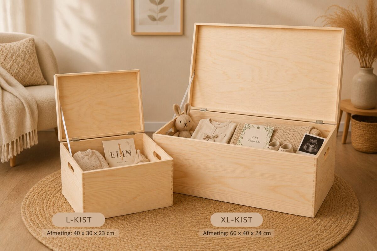Vergelijking van een L en XL houten geboortekist met open deksel voor het bewaren van babyherinneringen.