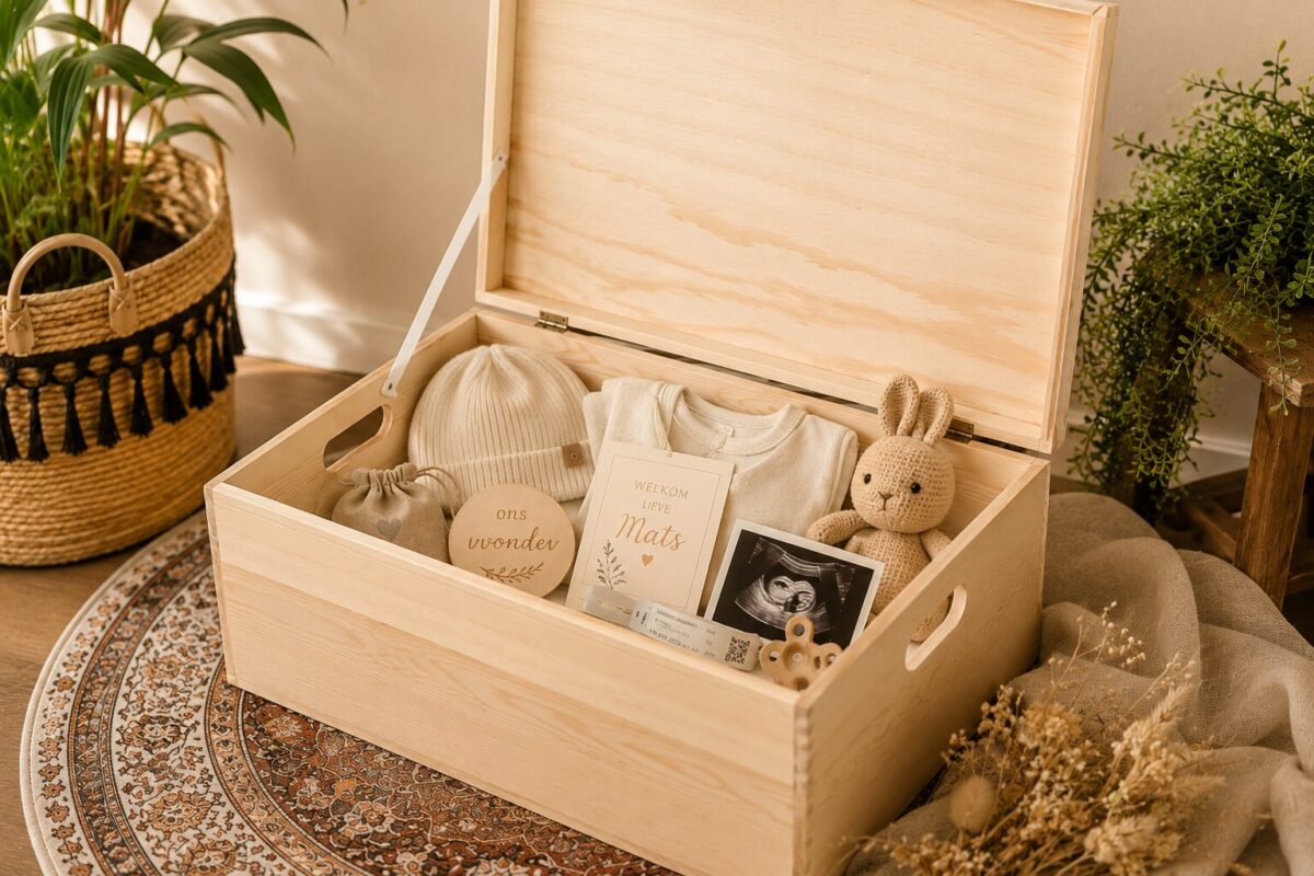 Open gepersonaliseerde houten geboortekist met babyherinneringen, geboortekaartje, echofoto en eerste babyspulletjes.