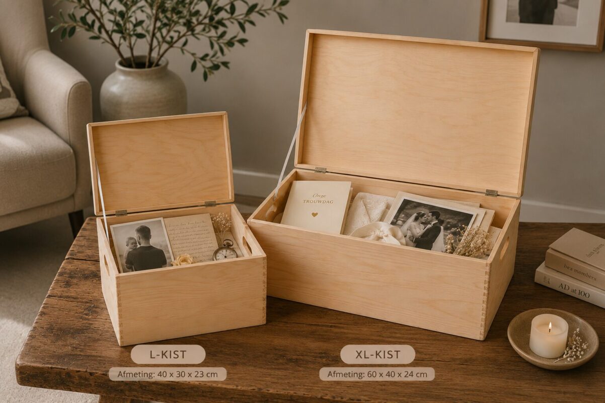 Vergelijking van een L en XL houten herinneringskist met persoonlijke herinneringen aan een dierbare en een huwelijk.