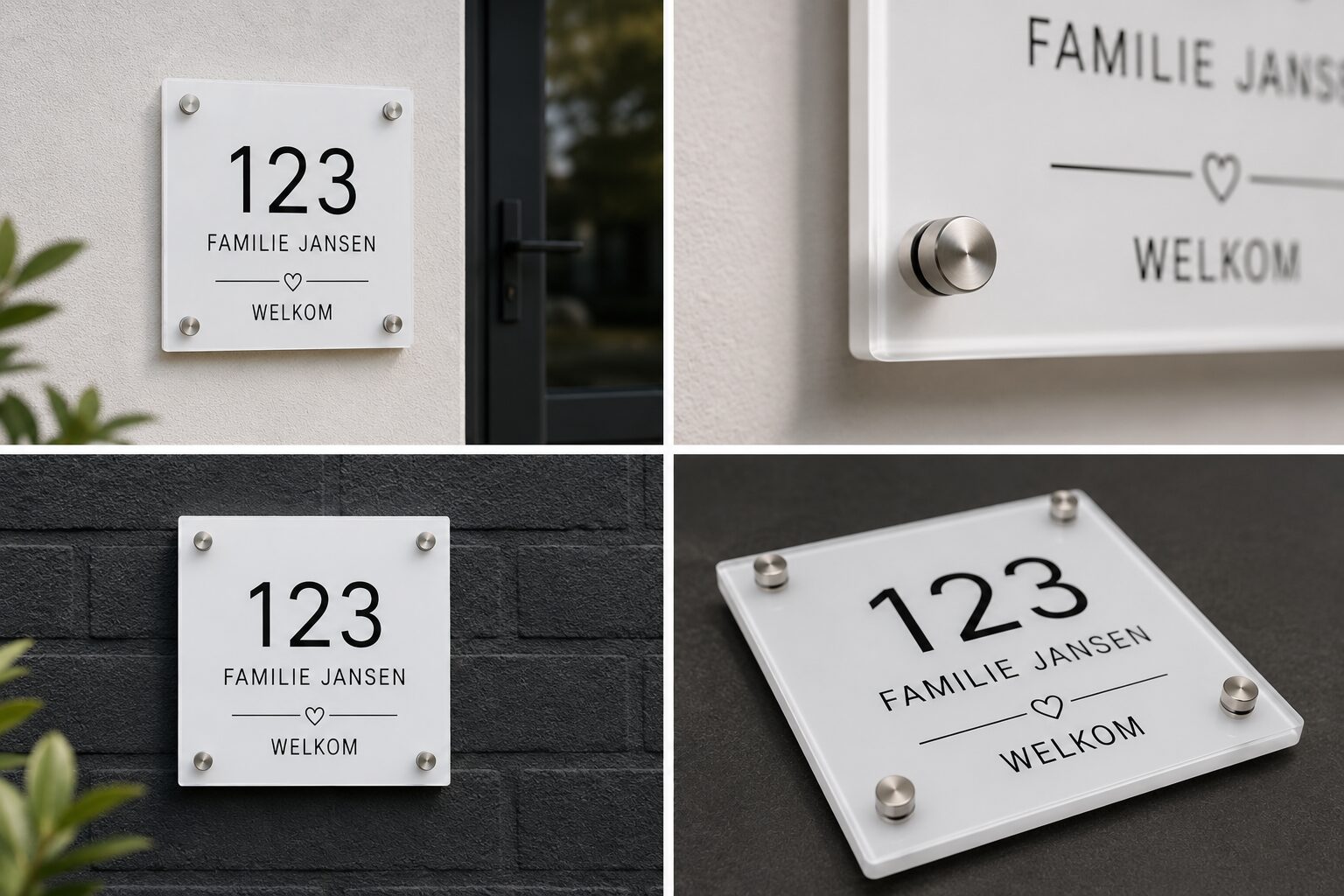 Detailfoto van een plexiglas huisnummerbordje met RVS afstandhouders
